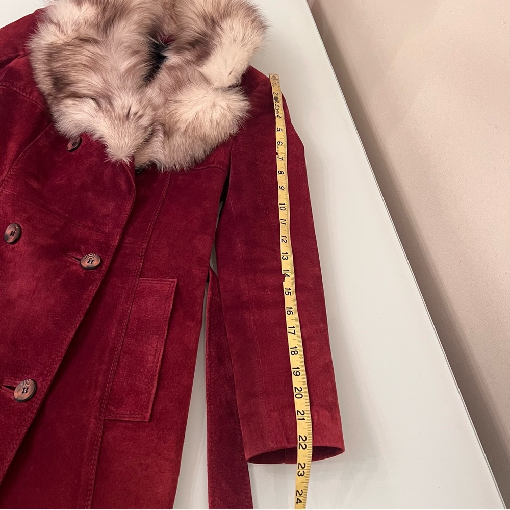 SIMPSONS Penny Lane Genuine Suede Leather Coat Real Fur Collar Belted Long Coat - Picture 16 of 16
